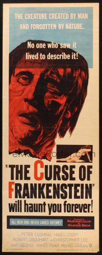 2w441 CURSE OF FRANKENSTEIN insert '57 Peter Cushing, cool close up monster artwork!