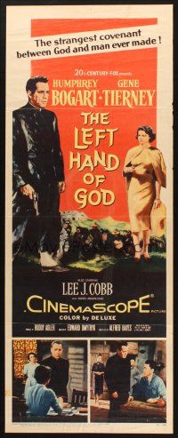 2w579 LEFT HAND OF GOD insert '55 art of priest Humphrey Bogart holding gun + sexy Gene Tierney!