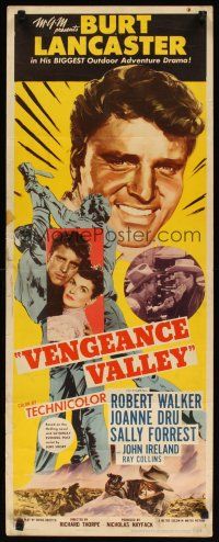 2w857 VENGEANCE VALLEY insert '51 close-up art of Burt Lancaster & holding Joanne Dru!