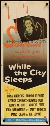 2w875 WHILE THE CITY SLEEPS insert '56 great image of Lipstick Killer's victim, Fritz Lang noir!