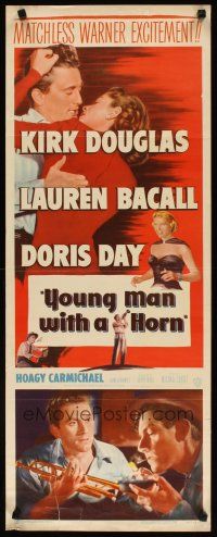 2w897 YOUNG MAN WITH A HORN insert '50 jazz man Kirk Douglas kisses sexy Lauren Bacall + Doris Day
