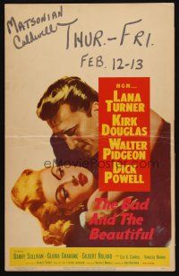 2y255 BAD & THE BEAUTIFUL WC '53 great c/u art of Kirk Douglas romancing sexy Lana Turner!