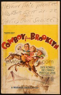 2y336 COWBOY FROM BROOKLYN WC '38 art of Dick Powell, Pat O'Brien & Priscilla Lane on horse!