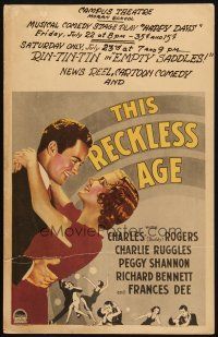 2y666 THIS RECKLESS AGE WC '32 romantic artwork of Buddy Rogers & pretty Peggy Shannon!