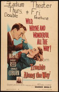 2y683 TROUBLE ALONG THE WAY WC '53 great image of John Wayne fooling around with Donna Reed!
