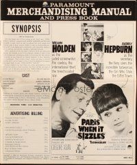 3a1004 PARIS WHEN IT SIZZLES pressbook '64 Audrey Hepburn w/gun & barechested Holden in France!