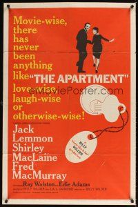 3b043 APARTMENT 1sh '60 Billy Wilder, Jack Lemmon, Shirley MacLaine, cool key-in-lock art!
