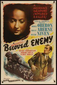3b064 BELOVED ENEMY 1sh R44 beautiful Merle Oberon uses a woman's weapons to capture a killer!