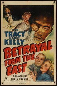 3b065 BETRAYAL FROM THE EAST style A 1sh '44 Lee Tracy & Nancy Kelly spy in Asia, cool artwork!