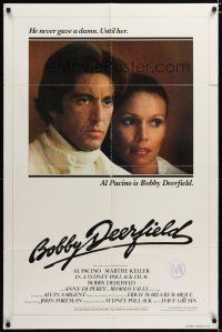 3b105 BOBBY DEERFIELD int'l 1sh '77 close up of F1 race car driver Al Pacino & Marthe Keller!