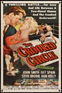 3b186 CROOKED CIRCLE 1sh '57 two-fisted boxing champ vs crooked underworld, cool art!