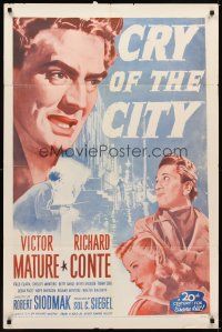 3b189 CRY OF THE CITY 1sh R54 film noir, cool c/u of Victor Mature, Richard Conte, Shelley Winters