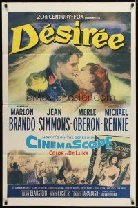3b211 DESIREE 1sh '54 romantic artwork of Marlon Brando about to kiss pretty Jean Simmons!