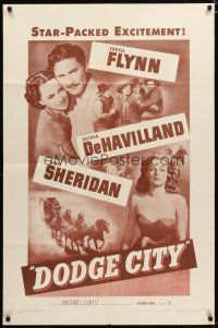 3b227 DODGE CITY 1sh R51 Errol Flynn, Olivia De Havilland, Michael Curtiz cowboy classic!