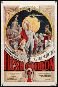 3b297 FLESH GORDON 1sh '74 sexy sci-fi spoof, wacky erotic super hero art by George Barr!