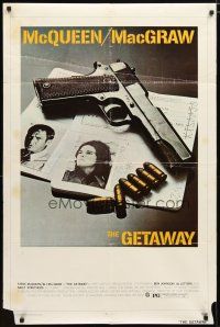 3b327 GETAWAY 1sh '72 Steve McQueen, Ali McGraw, Sam Peckinpah, cool gun & passports image!