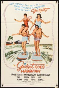 3b333 GIDGET GOES HAWAIIAN 1sh '61 best image of two guys surfing with girls on their shoulders!