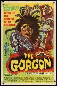 3b345 GORGON 1sh '64 she had a face only a mummy could love, petrifies the screen w/ horror!