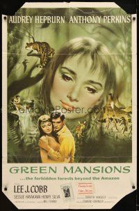 3b356 GREEN MANSIONS 1sh '59 cool art of Audrey Hepburn & Anthony Perkins by Joseph Smith!
