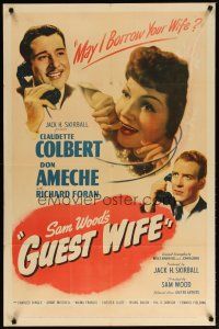 3b359 GUEST WIFE 1sh '45 Don Ameche asks Dick Foran if he can borrow Claudette Colbert!
