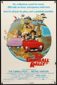 3b361 GUMBALL RALLY style A 1sh '76 Michael Sarrazin, cool art of car racing around the world!