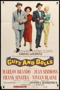 3b363 GUYS & DOLLS 1sh '55 Marlon Brando, Jean Simmons, Frank Sinatra & Blaine arm-in-arm!