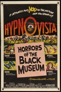 3b393 HORRORS OF THE BLACK MUSEUM 1sh '59 an amazing new dimension in screen thrills, Hypno-Vista!