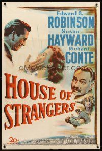 3b397 HOUSE OF STRANGERS 1sh '49 art of Edward G. Robinson Richard Conte slapping Susan Hayward!