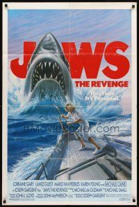 3b438 JAWS: THE REVENGE 1sh '87 great artwork of shark attacking ship, this time it's personal!