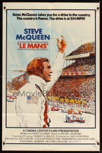 3b469 LE MANS 1sh '71 great Tom Jung artwork of race car driver Steve McQueen waving at fans!