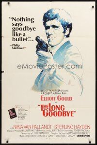 3b485 LONG GOODBYE int'l 1sh '73 Vic Fair art of Elliott Gould as Philip Marlowe w/gun, film noir!