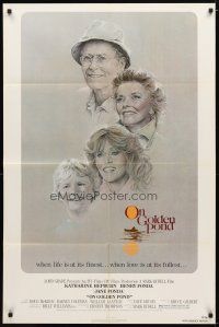 3b588 ON GOLDEN POND 1sh '81 art of Katharine Hepburn, Henry Fonda, and Jane Fonda by C.D. de Mar!