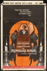 3b642 PREMATURE BURIAL 1sh '62 Edgar Allan Poe, cool Reynold Brown art of Ray Milland buried alive
