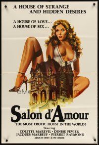 3b704 SALON D'AMOUR 1sh '76 artwork of sexy Colette Marevil behind mansion, rated X!