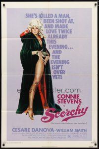 3b716 SCORCHY 1sh '76 full-length art of sexiest barely-dressed Connie Stevens in black cape!