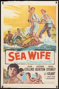 3b721 SEA WIFE 1sh '57 great castaway artwork of sexy Joan Collins & Richard Burton on raft at sea!
