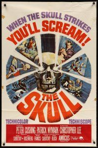 3b766 SKULL 1sh '65 Peter Cushing, Christopher Lee, cool horror artwork of creepy skull!