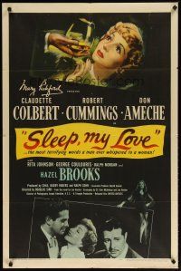3b769 SLEEP MY LOVE 1sh '47 cool art of Claudette Colbert in glass, Robert Cummings, Don Ameche
