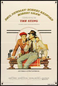3b796 STING 1sh '74 artwork of con men Paul Newman & Robert Redford by Richard Amsel!
