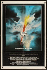 3b813 SUPERMAN 1sh '78 comic book hero Christopher Reeve, cool Bob Peak logo art!