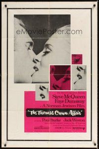 3b859 THOMAS CROWN AFFAIR 1sh '68 best kiss close up of Steve McQueen & sexy Faye Dunaway!