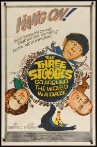 3b867 THREE STOOGES GO AROUND THE WORLD IN A DAZE 1sh '63 wacky art of Moe, Larry & Curly-Joe!