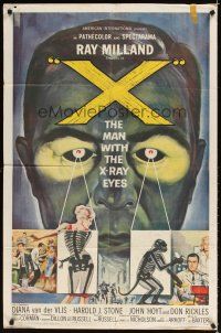 3b986 X: THE MAN WITH THE X-RAY EYES 1sh '63 Ray Milland strips souls & bodies, cool sci-fi art!