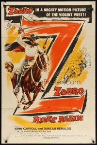 3b998 ZORRO RIDES AGAIN 1sh '59 great artwork of masked John Carroll on horseback!