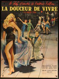 3c482 LA DOLCE VITA French 1p '60 Federico Fellini, art of Mastroianni & sexy Ekberg by Yves Thos!