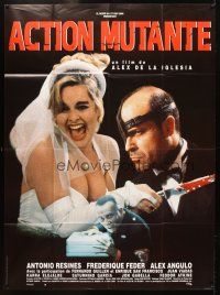 3c525 MUTANT ACTION French 1p '92 Accion mutante, wild image of bride with bloody knife & groom!