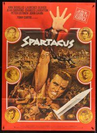 3c604 SPARTACUS French 1p R70s Stanley Kubrick epic, art of cast on gold coins by Jean Mascii!