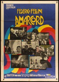3c135 AMARCORD Italian 1p '73 Federico Fellini classic comedy, colorful art + photo montage!