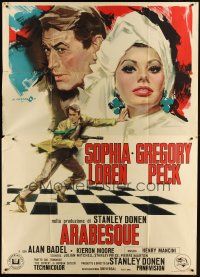 3c012 ARABESQUE Italian 2p '66 different art of Gregory Peck & sexy Sophia Loren by Cesselon!