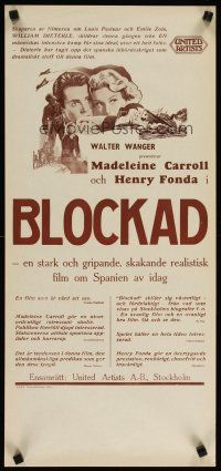 3e085 BLOCKADE Swedish stolpe '38 Madeleine Carroll, Henry Fonda, directed by William Dieterle!